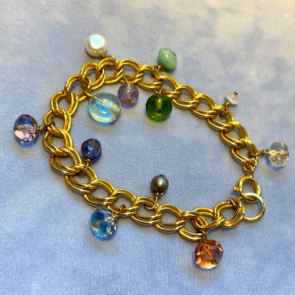 Gold double links bracelet with semi precious beads handmade